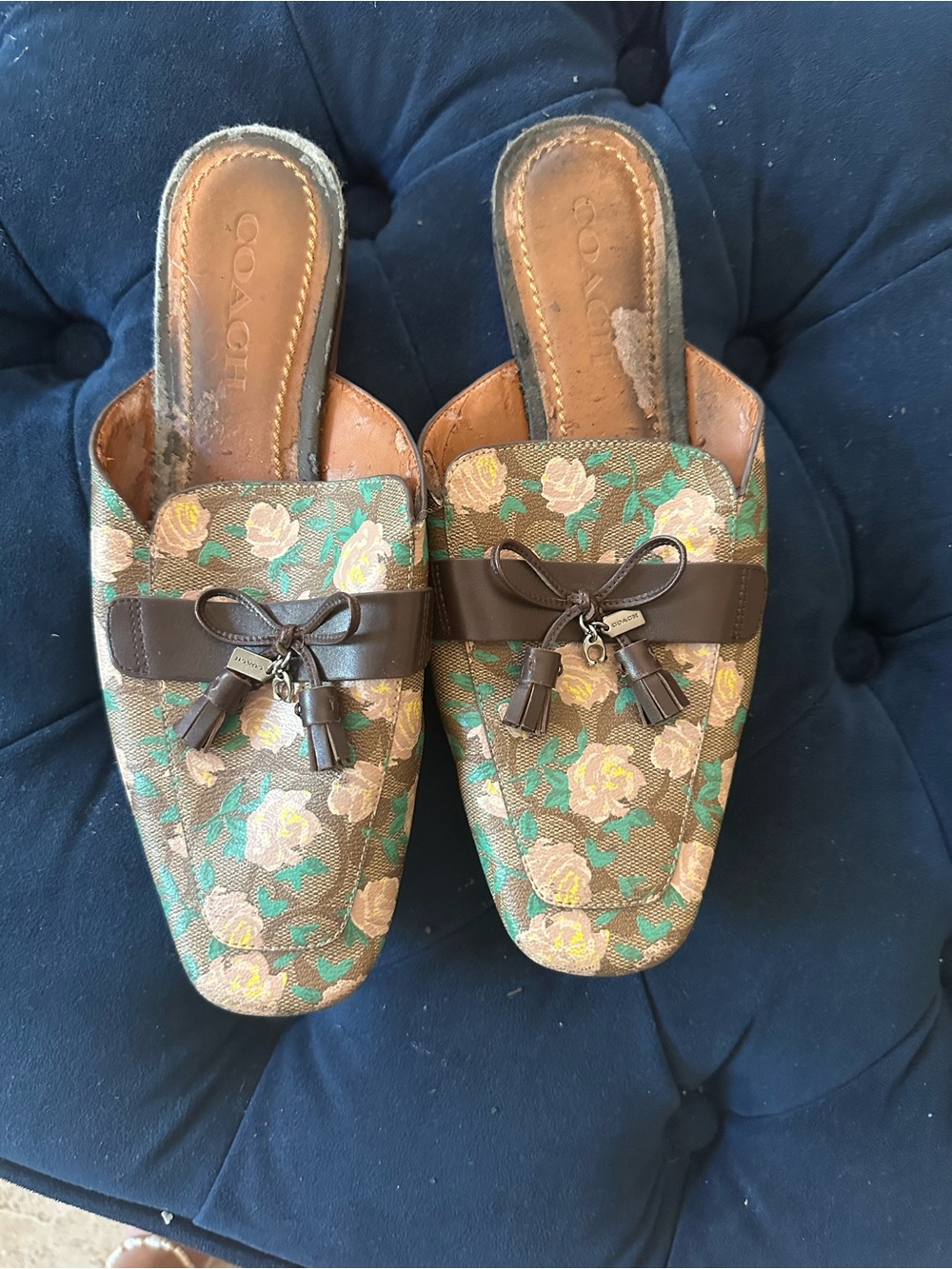 Coach Floral Canvas Tassel Mules in Brown, Green, and Yellow Size 9